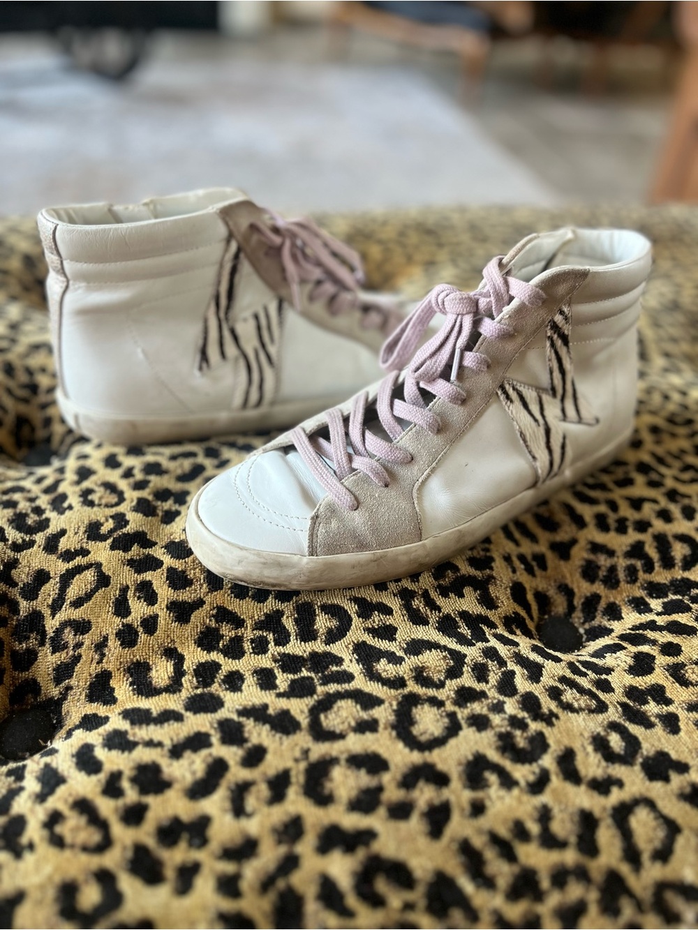 Sam Edelman Women's High Top Sneakers White Leather Zebra Detail SZ 10
